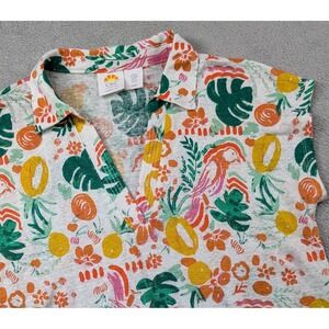 C&C California Linen Women's M Tropical Bird Floral Print Collared V-Neck Top